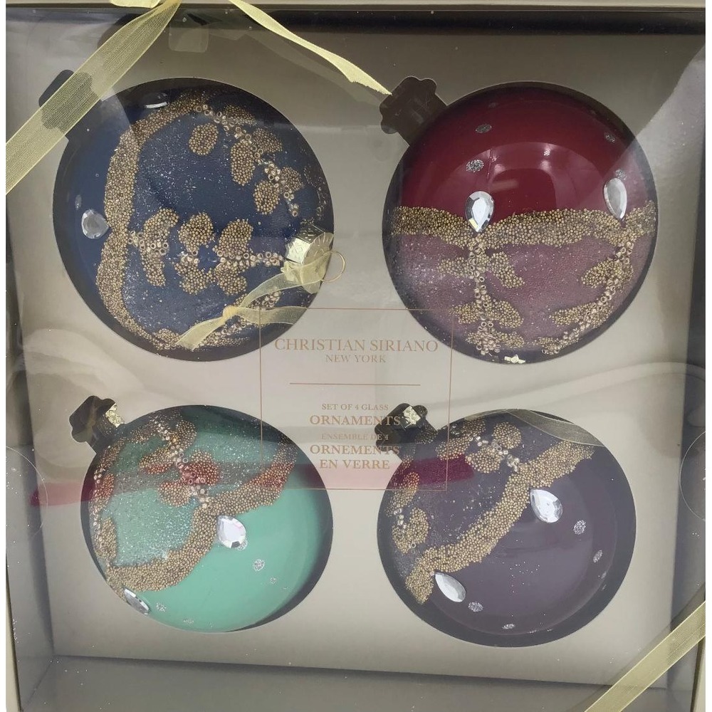 NIB Christian Siriano New York Glass Ornaments (4) Jewel Tone Beaded Rhinestone